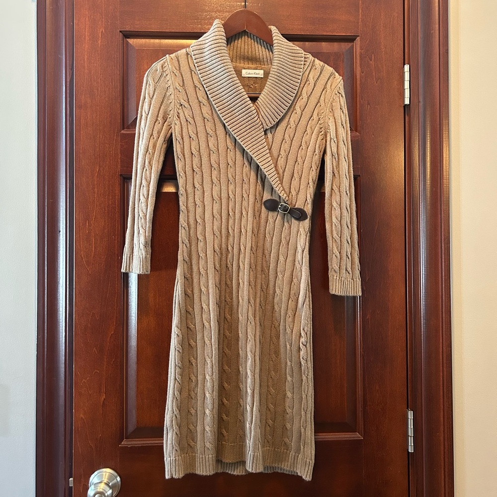 Calvin Klein Cable Knit Sweater Dress Shawl Collar Taupe size S?